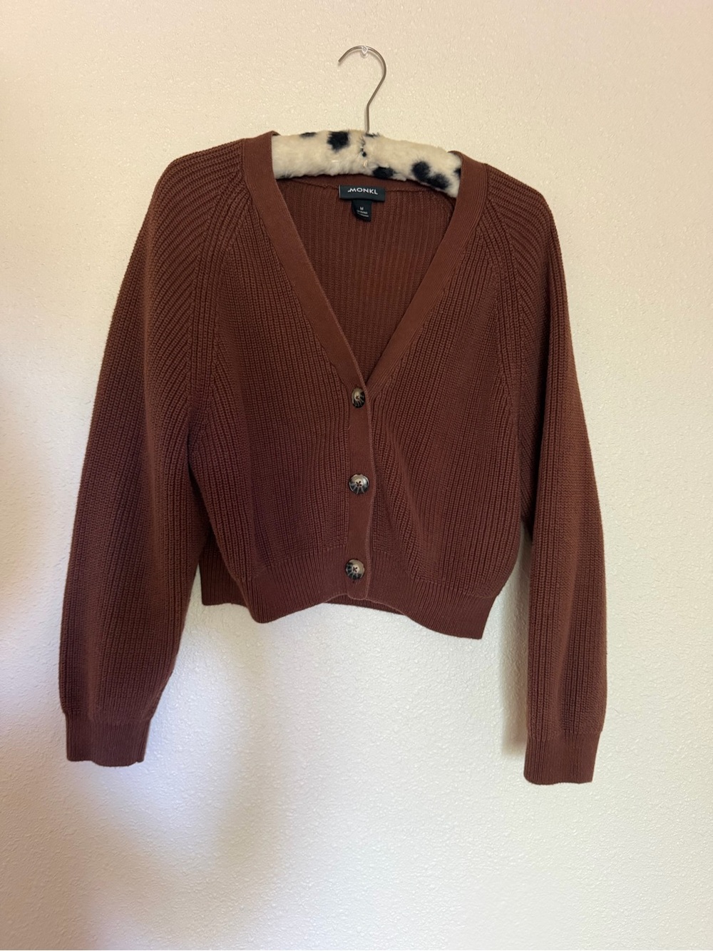 Monki Chocolate Brown Ribbed Cropped Cardigan Size Medium 100% Cotton